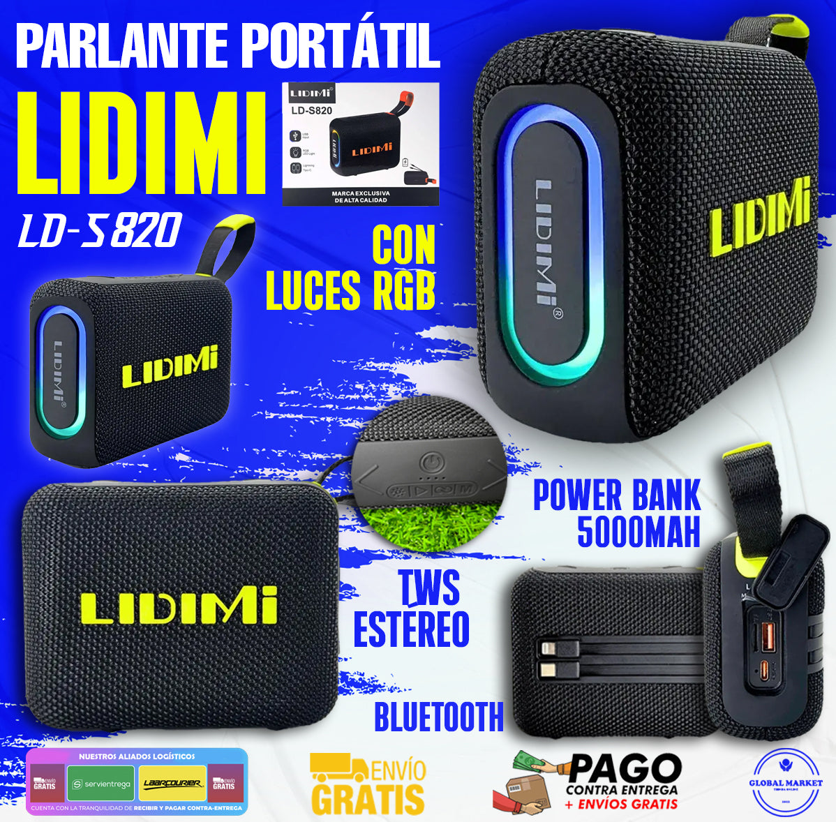 Parlante LIDIMI Bluetooth con Luces RGB – Power Bank 5000mAh, TWS Estéreo y Manos Libres